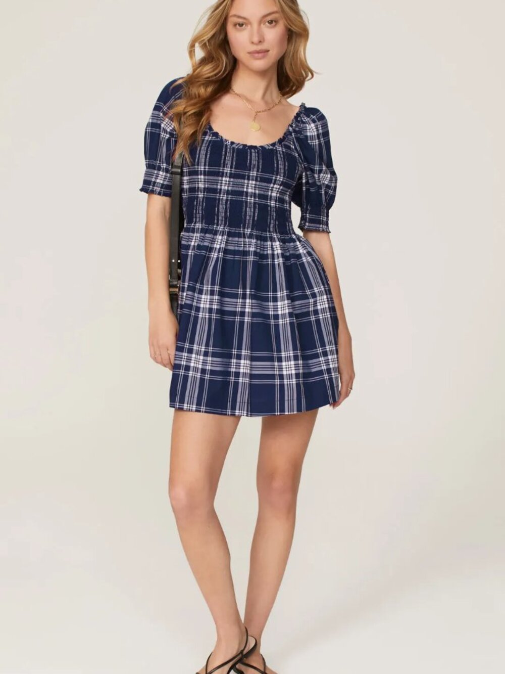 Hill House Home The Naia Nap Dress Navy Plaid Puff Sleeve Mini Sz S